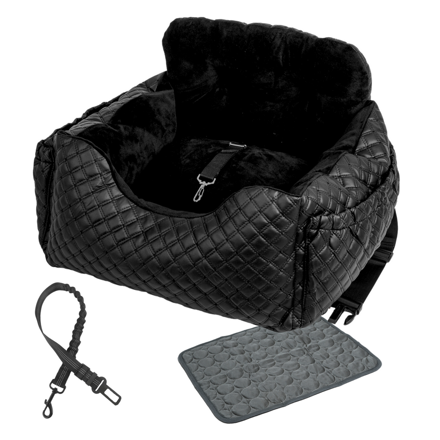 Luxury Dog Car Bed Bundle featuring shock-absorbing car restraint, 2-in-1 cooling mat, and reusable pee pad - Ideal comfort and safety for your pet during car rides